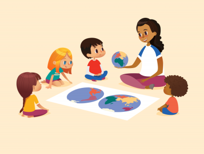 Cartoon of preschool teacher and students sitting on floor and looking at a globe