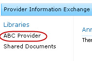 Provider Information Exchange screenshot. Libraries, ABC Provider (option is highlighted), Shared Documents